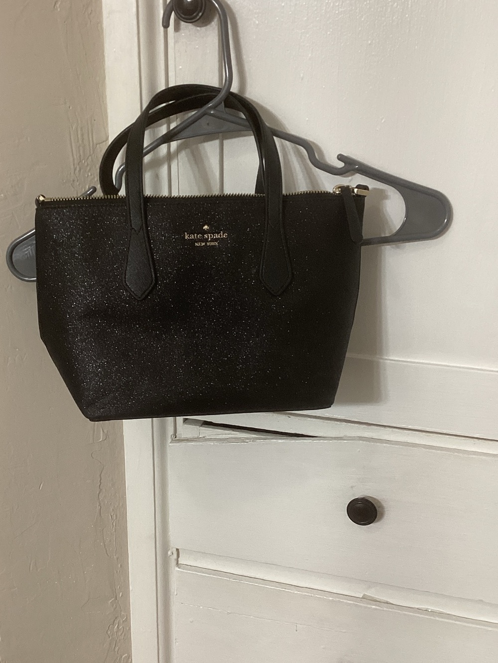 kate spade black glitter satchel with gold logo